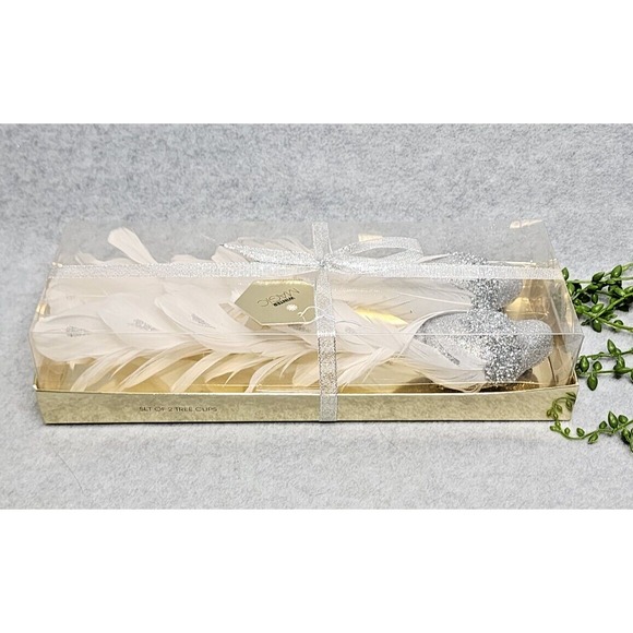 White Silver Glitter Feather Birds Christmas Tree Ornaments Clip‎ On Shabby 2 Pc - Picture 5 of 5